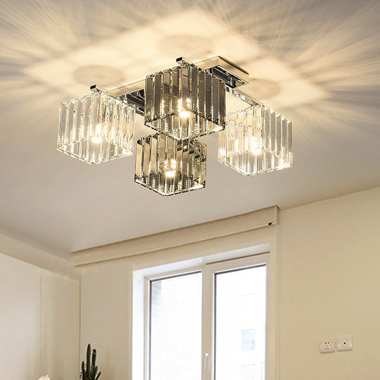Modern Crystal Cube Flush Ceiling Lamp | Polished Chrome | 4/6/9 Lights