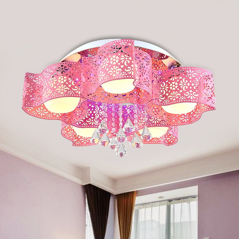 Plafonnier en cristal moderniste avec motif floral gravé, 3/5 lumières, abat-jour en boule de verre opale (rose/blanc)