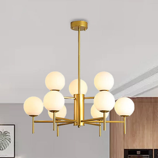 Contemporary Black/Gold Globe Chandelier with Radial Design - 6/8/9 Lights, Milk Glass Hanging Lamp