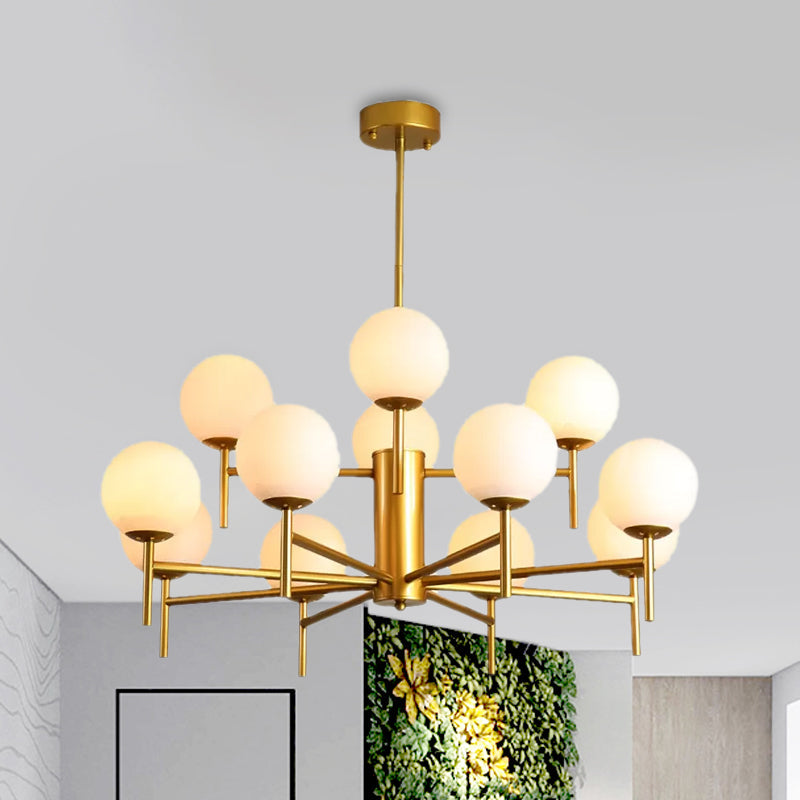 Contemporary Black/Gold Globe Chandelier with Radial Design - 6/8/9 Lights, Milk Glass Hanging Lamp