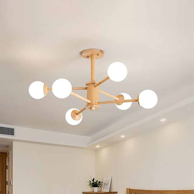 Contemporary Wooden Starburst Chandelier with Glass Ball Shade - Natural Wood Finish - 6/8/12 Lights