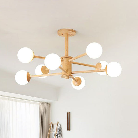 Contemporary Wooden Starburst Chandelier with Glass Ball Shade - Natural Wood Finish - 6/8/12 Lights