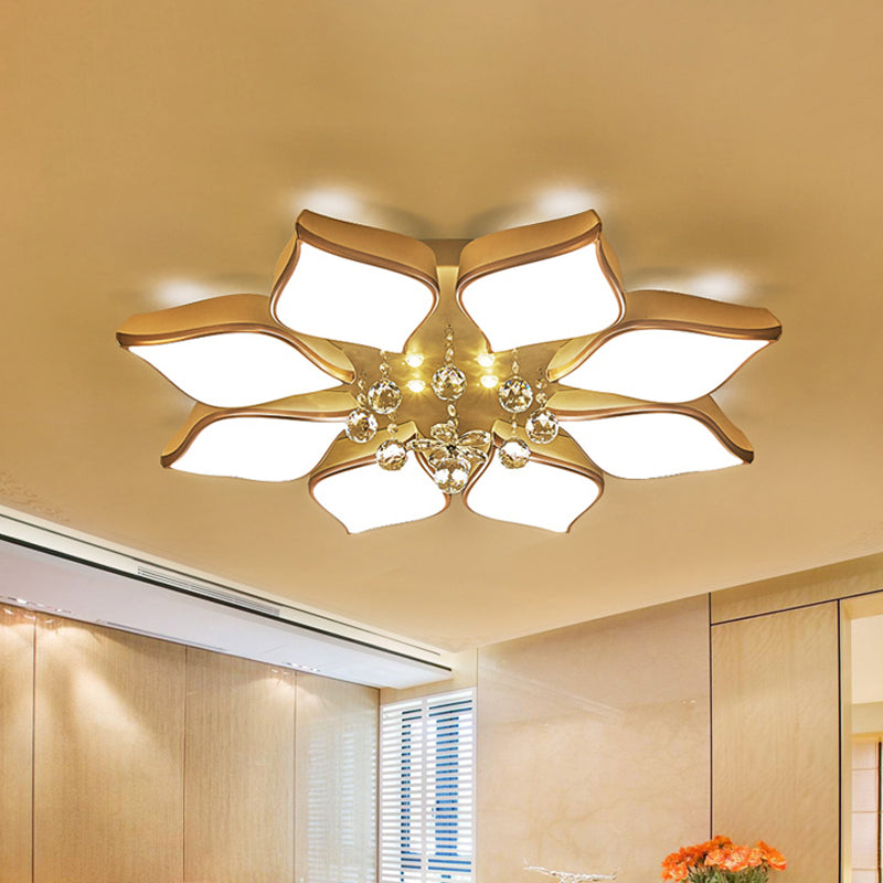 Modern White Blooming Flush Mount Ceiling Light with Crystal Drop - 8/10 Heads - Warm Ambiance for Living Room