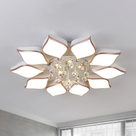 Modern White Blooming Flush Mount Ceiling Light with Crystal Drop - 8/10 Heads - Warm Ambiance for Living Room