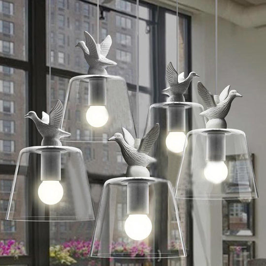 Modernist 5-Light Clear Glass Pendant with Bird Design - Cylindrical Shape