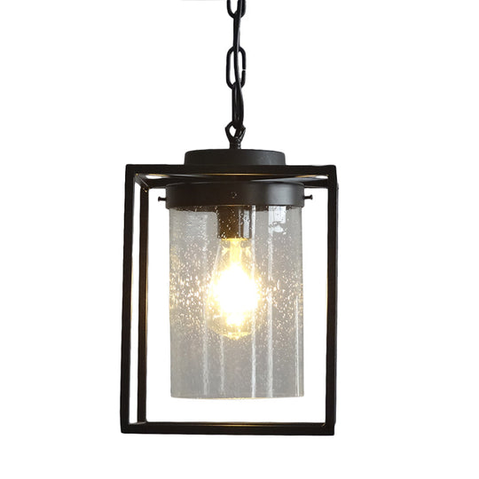 Industrial Seeded Glass Pendant With Black Cage For Indoor Lighting