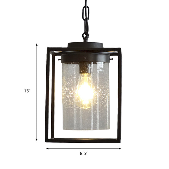 Industrial Black Pendant Light with Seeded Glass Cylinder for Indoor Spaces - Includes Cage