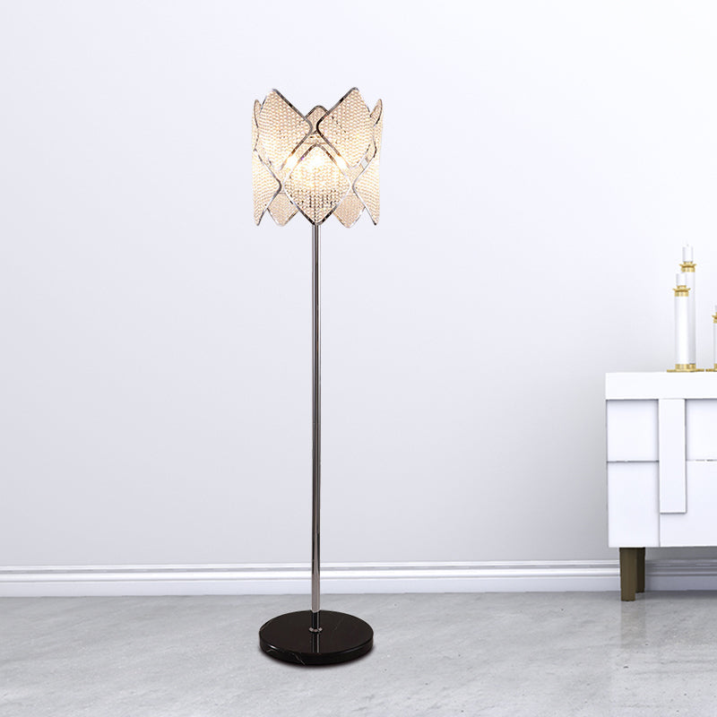 Modern Round Parlor Floor Lamp With Clear Crystal Strand 1 Head Gold/Chrome Light & Rhombus Design