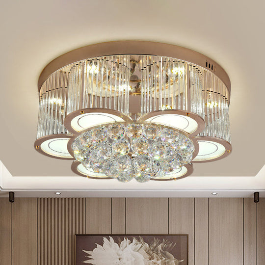 Contemporary Gold Floral LED Ceiling Flush Light with Clear Crystal Fluting