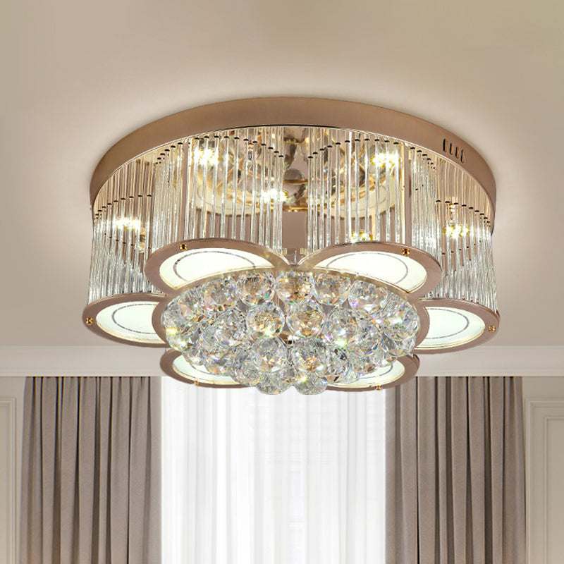 Contemporary Gold Floral LED Ceiling Flush Light with Clear Crystal Fluting