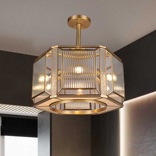 Hexagon Flush Mount Lighting with Clear Prismatic Glass - 6-Head, Colonial Gold Finish