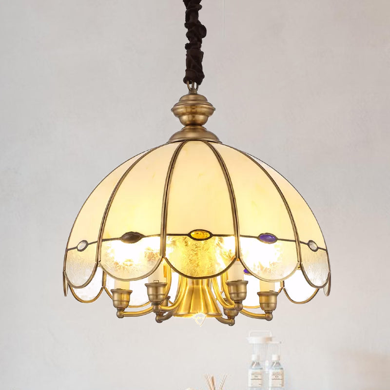 Scalloped Bubble Glass Chandelier: Colonial-Style 6-Head Pendant In Gold & Bead For Dining Room