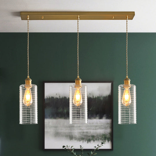 Colonialist 3-Bulb Clear Glass Pendant Lamp For Restaurants - Tube Multi-Light Fixture With
