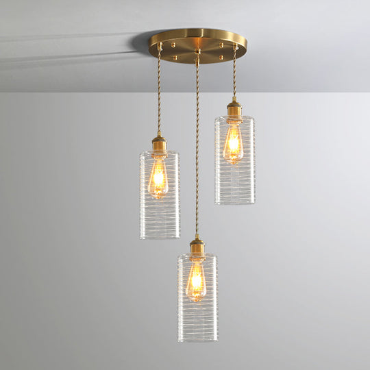 Colonialist 3-Bulb Clear Glass Pendant Lamp For Restaurants - Tube Multi-Light Fixture With
