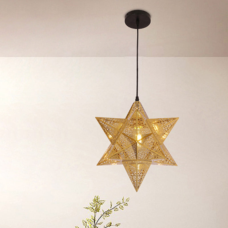 Colonial Stainless Steel Pendant Light - Cutout Star Design 1-Bulb Gold Suspension Lighting 14/18