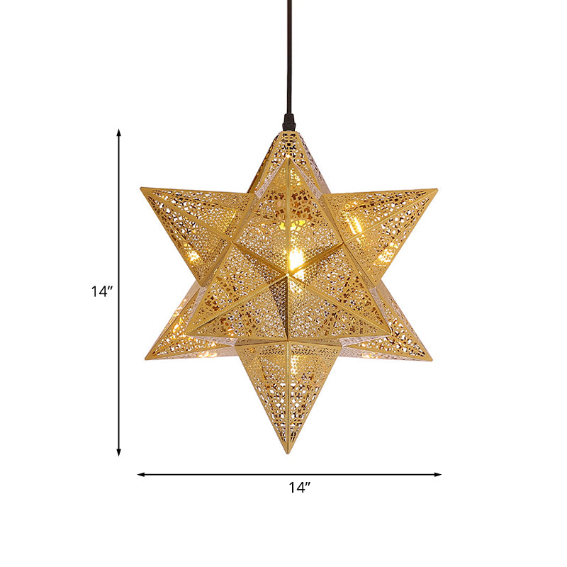 Colonial Stainless Steel Pendant Light - Cutout Star Design 1-Bulb Gold Suspension Lighting 14/18