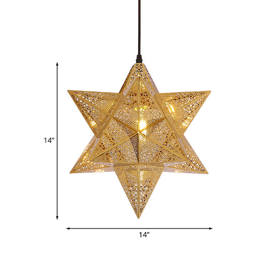 Colonial Stainless Steel Pendant Light - Cutout Star Design 1-Bulb Gold Suspension Lighting 14/18
