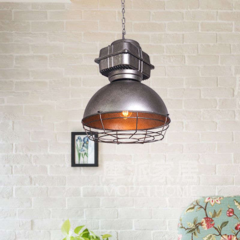 Iron Restaurant Pendant Light With Aged Silver Finish And Wire Guard