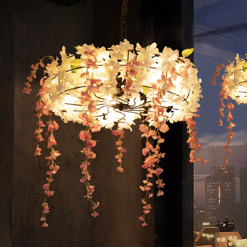 Vintage Iron Cage Chandelier With Cherry Blossom - Restaurant Suspension Lamp (3/5-Light Black)