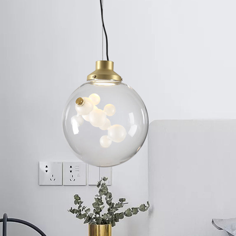 Suspension minimaliste dorée avec pendentif en forme de cône/globe en verre transparent - Design créatif à 1 ampoule avec décoration à bulles intérieures