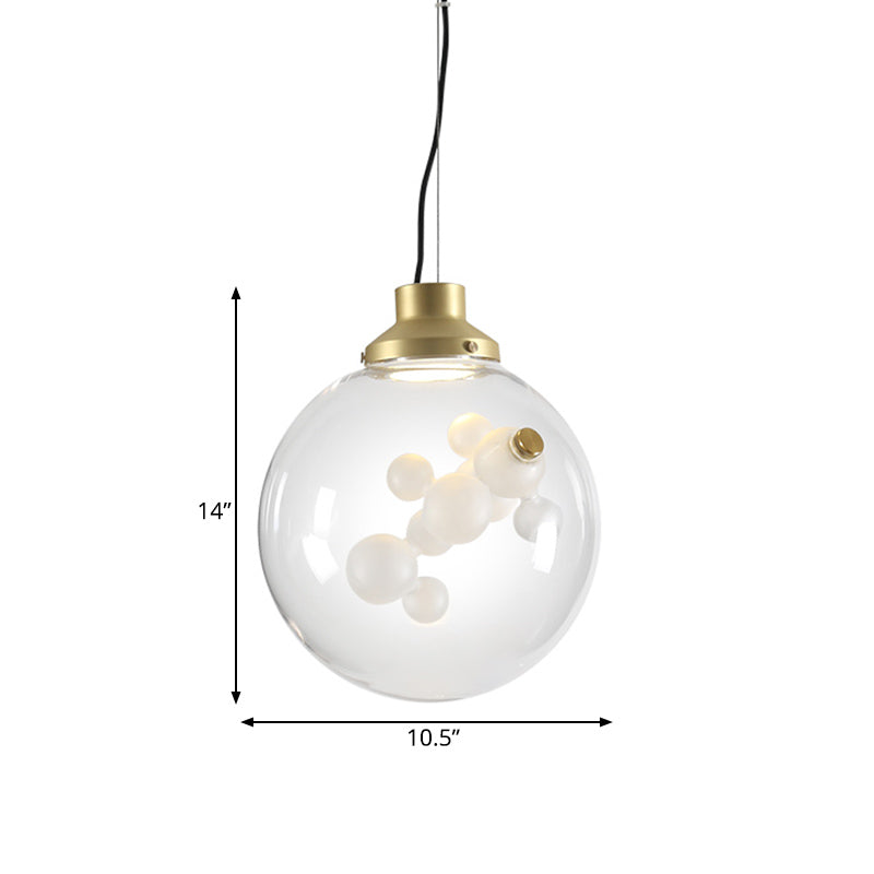 Suspension minimaliste dorée avec pendentif en forme de cône/globe en verre transparent - Design créatif à 1 ampoule avec décoration à bulles intérieures