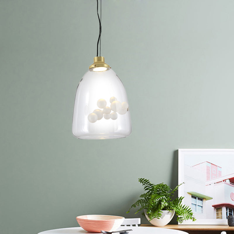 Suspension minimaliste dorée avec pendentif en forme de cône/globe en verre transparent - Design créatif à 1 ampoule avec décoration à bulles intérieures
