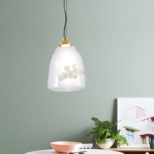 Suspension minimaliste dorée avec pendentif en forme de cône/globe en verre transparent - Design créatif à 1 ampoule avec décoration à bulles intérieures