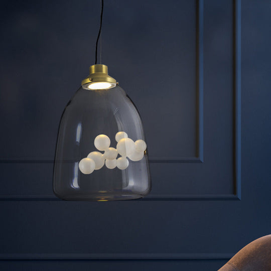 Suspension minimaliste dorée avec pendentif en forme de cône/globe en verre transparent - Design créatif à 1 ampoule avec décoration à bulles intérieures