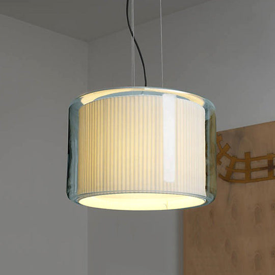 Gathered Fabric Drum Pendant Lamp: Modern Beige 1-Light With Transparent Glass Shade