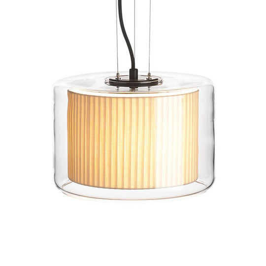 Modern Beige Fabric Drum Pendant Lamp with Glass Shade - 1 Light