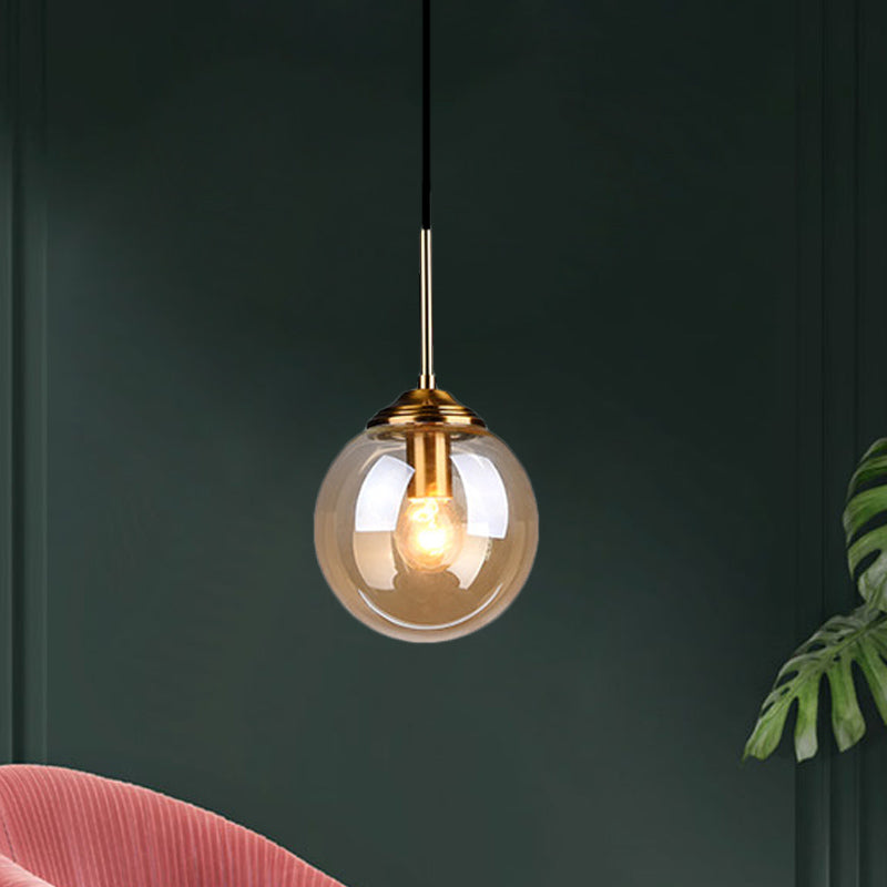 Brass Pendant Lamp With Spherical Amber/Smoke Glass Shade For Dining Room Ceiling Amber