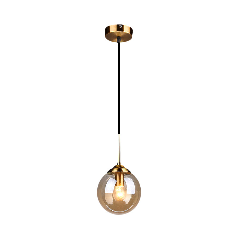 Brass Pendant Lamp With Spherical Amber/Smoke Glass Shade For Dining Room Ceiling