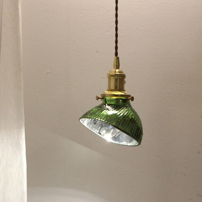 Colonial Clear/Green Prismatic Glass Hanging Lamp For Twisted Bowl Restaurant - 1-Light Brass