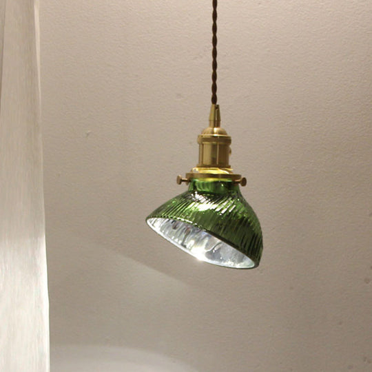 Colonial Clear/Green Prismatic Glass Hanging Lamp For Twisted Bowl Restaurant - 1-Light Brass