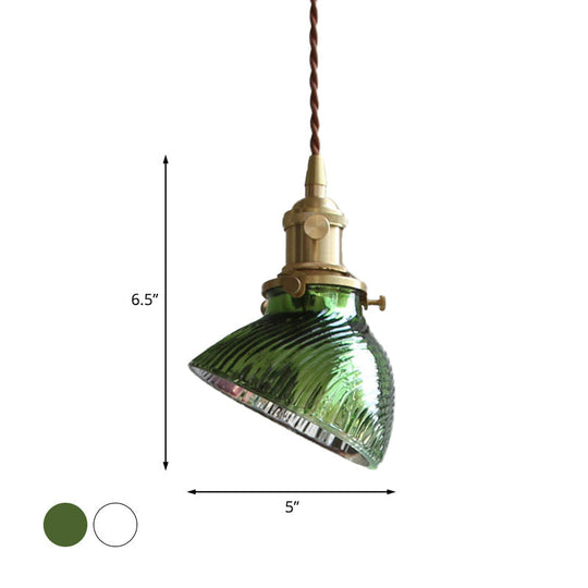 Colonial Clear/Green Prismatic Glass Hanging Lamp For Twisted Bowl Restaurant - 1-Light Brass