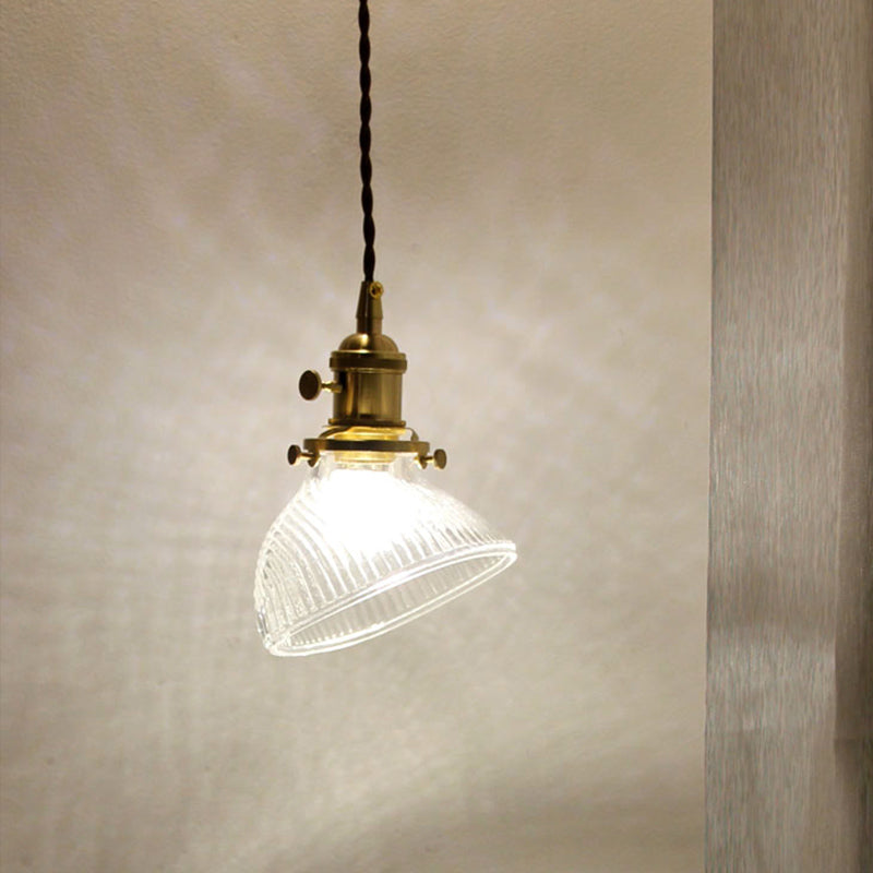 Colonial Clear/Green Prismatic Glass Hanging Lamp For Twisted Bowl Restaurant - 1-Light Brass