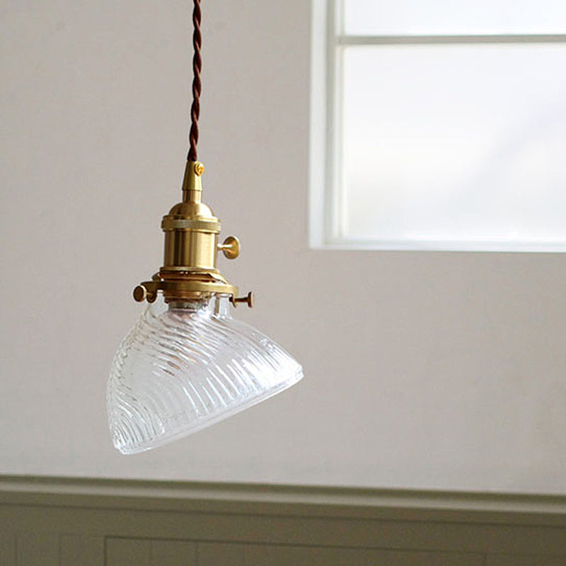 Colonial Clear/Green Prismatic Glass Hanging Lamp For Twisted Bowl Restaurant - 1-Light Brass