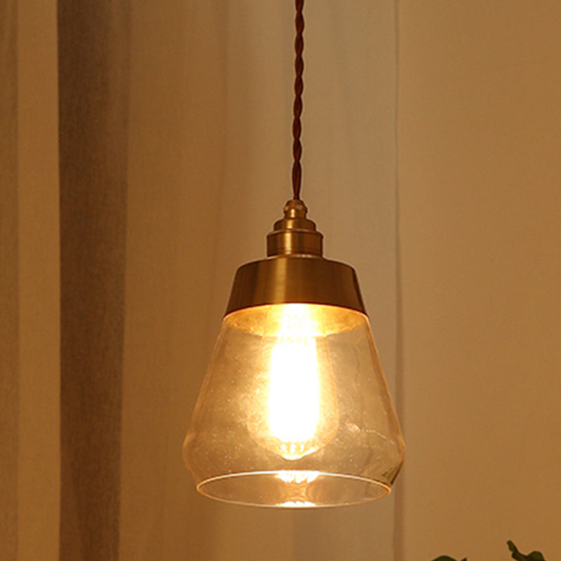 Gold Colonial Pendant Lamp With Cone Glass Shade - 1 Bulb Down Lighting For Restaurants