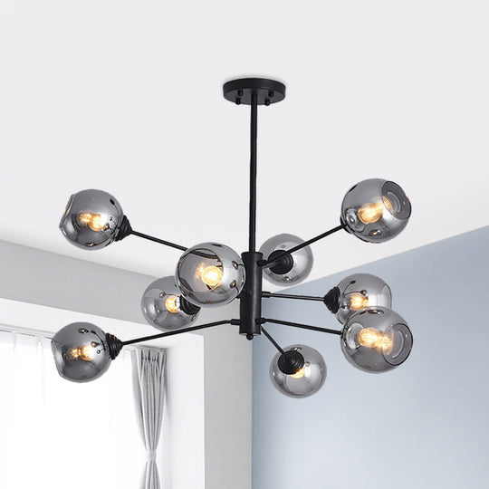 Postmodern Smoke Grey Glass Ball Chandelier Pendant Light - 9 Heads, Black Ceiling Fixture