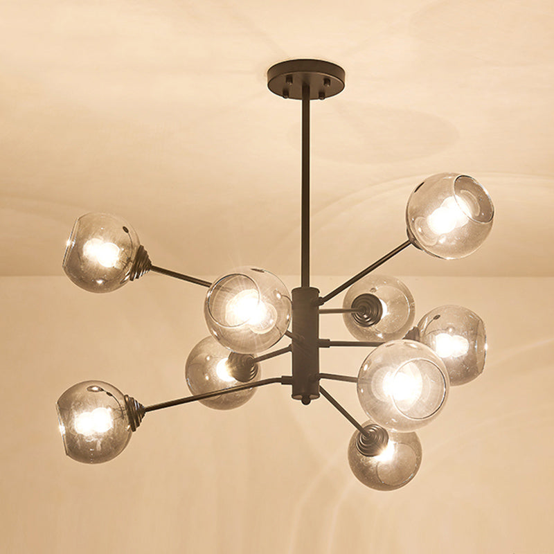 Postmodern Smoke Grey Glass Ball Chandelier Pendant Light - 9 Heads, Black Ceiling Fixture