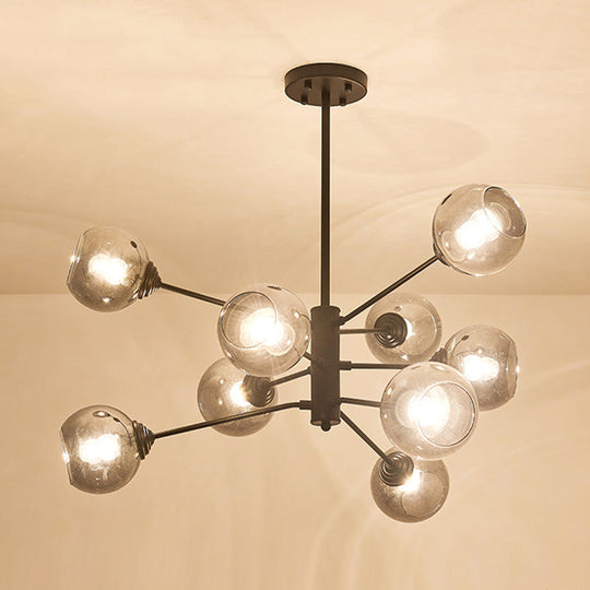 Postmodern Smoke Grey Glass Ball Chandelier Pendant Light - 9 Heads, Black Ceiling Fixture
