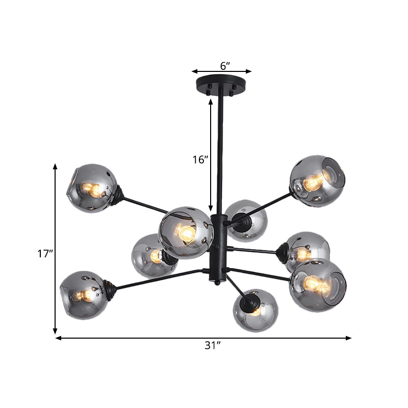 Postmodern Smoke Grey Glass Ball Chandelier Pendant Light - 9 Heads, Black Ceiling Fixture