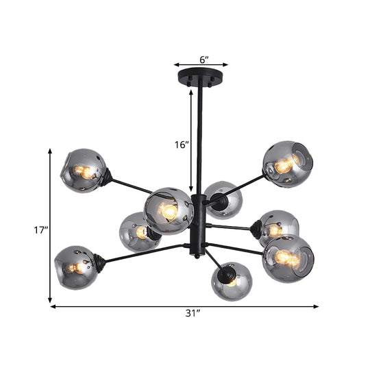 Postmodern Smoke Grey Glass Ball Chandelier Pendant Light - 9 Heads, Black Ceiling Fixture