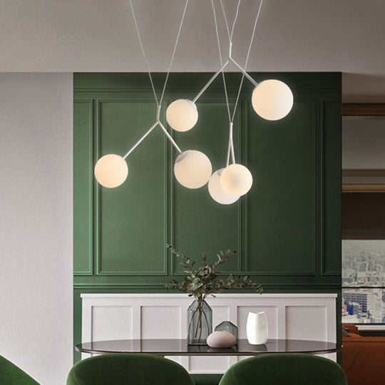 6-Light Modern Opaline Glass Hanging Light With Orb Shade - White Matte Finish