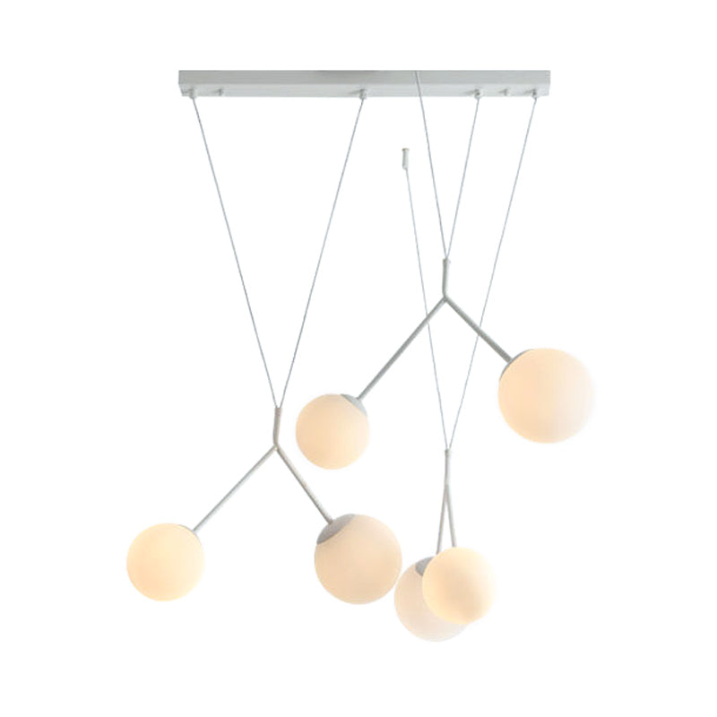 6-Light Modern Opaline Glass Hanging Light With Orb Shade - White Matte Finish