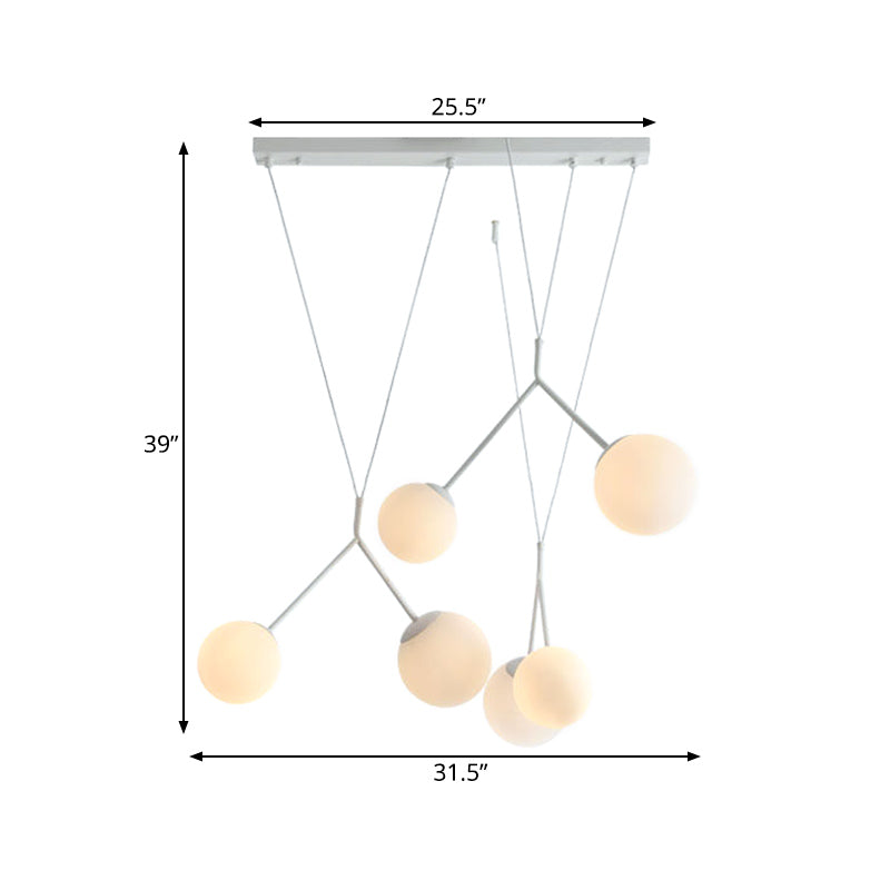 6-Light Modern Opaline Glass Hanging Light With Orb Shade - White Matte Finish