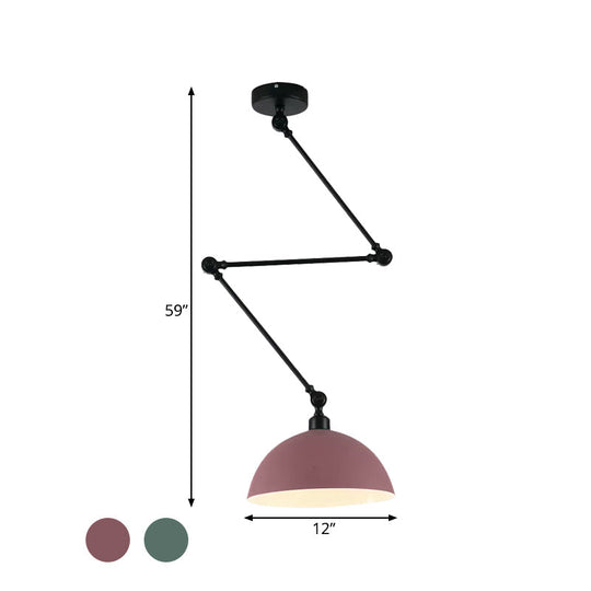 Macaron Iron Swing Arm Pendant Light With Vibrant Green/Red Bowl Shade - Ideal For Dining Tables