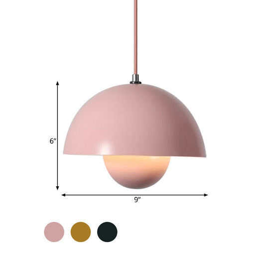Macaron Dome Pendant Light With Inner Capsule Diffuser - Iron Finish 1 Head In Pink/Green/Yellow