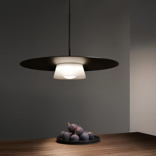 Minimalist Black And White Wide-Brim Hat Pendant Light - 1 Bulb Iron Ceiling Lamp For Dining Table