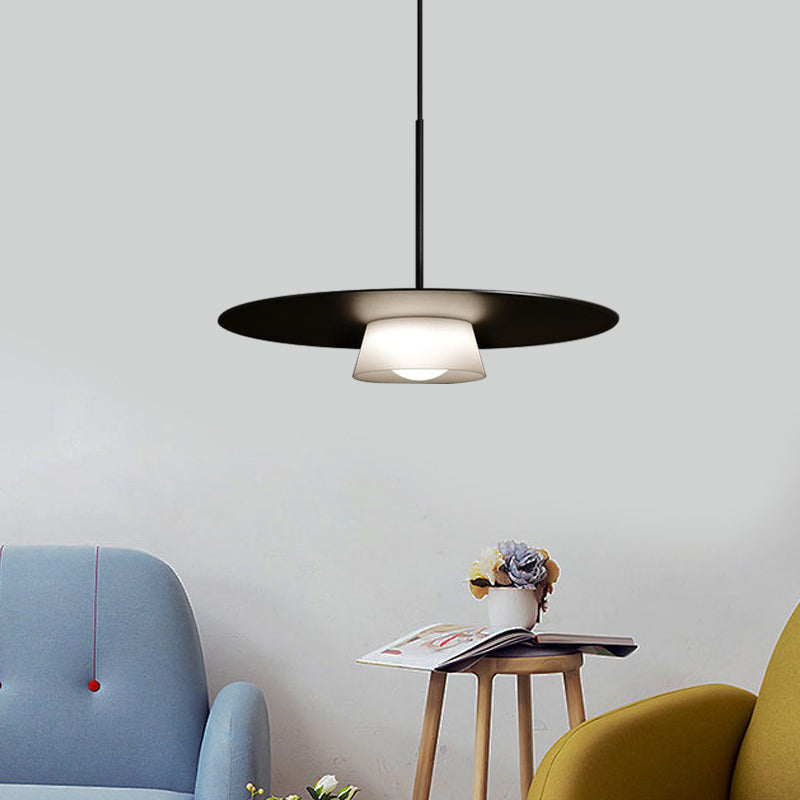 Minimalist Black And White Wide-Brim Hat Pendant Light - 1 Bulb Iron Ceiling Lamp For Dining Table